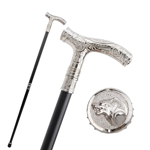 White Wolf Head Flower Totem Relief Walking Cane Fashion Walking Stick Gentleman Crosier Knob Walking Stick 93cm