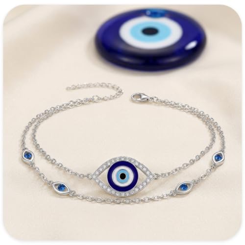 Image of Evil Eye Anklet Sterling Silver Infinity Lotus Flower Evil Eye Anklets for Women Ankle Bracelets Turkish Blue Eyes Protection Chain Jewelry