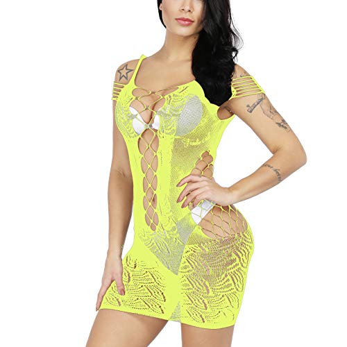 BECHARNY Fishnet Lingerie for Women Fishnet Halter Chemise Deep V Hot Mesh Mini Dress Bodysuit (Yellow)