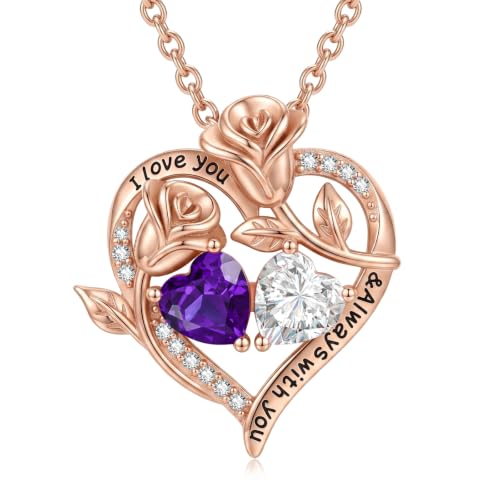 Liorabelle Rose Gold Plated Birthstone Necklace for Women Heart Feb Apr