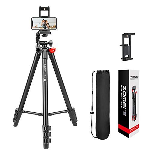 Phone Tripod, 54 Inch Video Lightweight Aluminum Camera Tripod with Phone Holder, Bluetooth Remote and Carry Bag for Photography/Travel/Live Streaming, Compatible with iPhone/Android/DSLR Camera