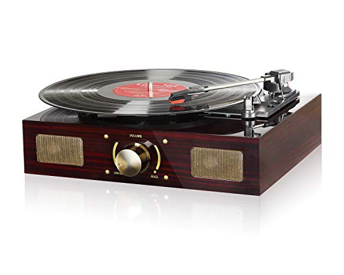 LuguLake Vinyl Record Player, Belt-Driven Turntable with 3-Speed, Built-in Speaker, Aux in