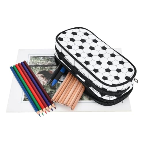 Image of Soccer Skin Pencil Pouch Case for Boys Teen Girls Women Black and White | Large Capacity, Canvas School Supplies 3 Zippers, Funny Hive Geometrc Net Office Desk Soft Organizers Pen Box