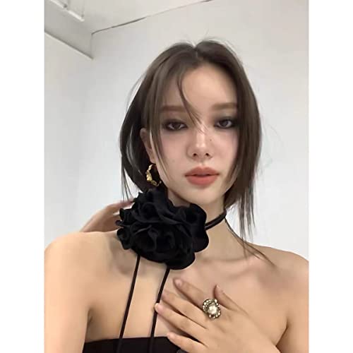 Qiuseadu Flower Rose Choker Necklace Black Big Rosette Velvet Silk Gothic Adjustable Chain Y2K Jewelry Accessories (Black-2) #TOP5