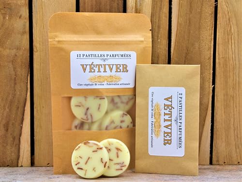 VÉTIVER - Pastilles parfumées, Cire végétale de colza, Fondants parfumés, Pour brûle parfum. (12 Pastilles)