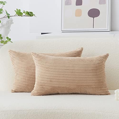 Home Brilliant White Cushion Covers Striped Corduroy Velvet Throw Pillow Covers for Baby Square Decorative Pillows for Bed, Creamy White, Set of 2, 45 x45 cm, 18inch