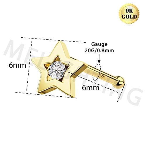 Meiighting Gold Nose Rings 9K 20G Nose Stud Shaped Clear Round Cz Star Nose Piercing Jewelry For Women Men Real Gold #TOP6