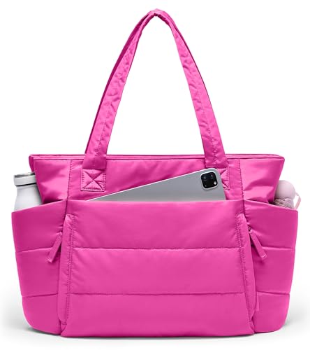 Tote Bag for Women with Zipper, Quilted Puffer Tote Bag with Compartments, Lightweight Puffy Work Bags for Women Travel (Raspberry Pink