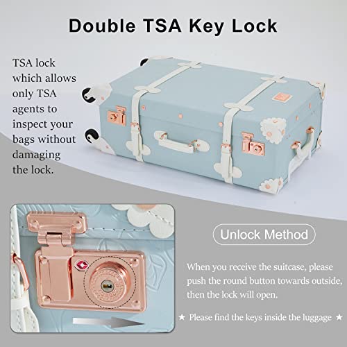 7998 Bundle Vintage Trunk Luggage Set Of 3 Piece, Retro Travel Suitcase For Women With Wheels And Tsa Key Lock (Embossed Blue, 26"+20"+12") #TOP6