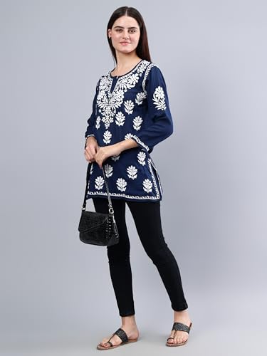 Image of Seva Chikan Hand Embroidered Lucknowi Chikankari Modal Short Top for Women SCL9147