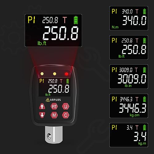 ANPUDS 1/2\" Digital Torque Adapter, 12.5-250.8 Ft-lb/17-340 Nm, Digital Torque Wrench Converter with ±1% Accuracy, Preset Value, Data Storage, Buzzer & LED Indicators, 3/8\'\' & 1/4\'\' Adapters for Car