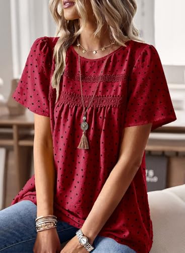 Image of Falechay Womens Summer Tops Crewneck Short Sleeve Shirts Casual Chiffon Blouses Flowy Lace Hem Boho Clothing Trendy 2026