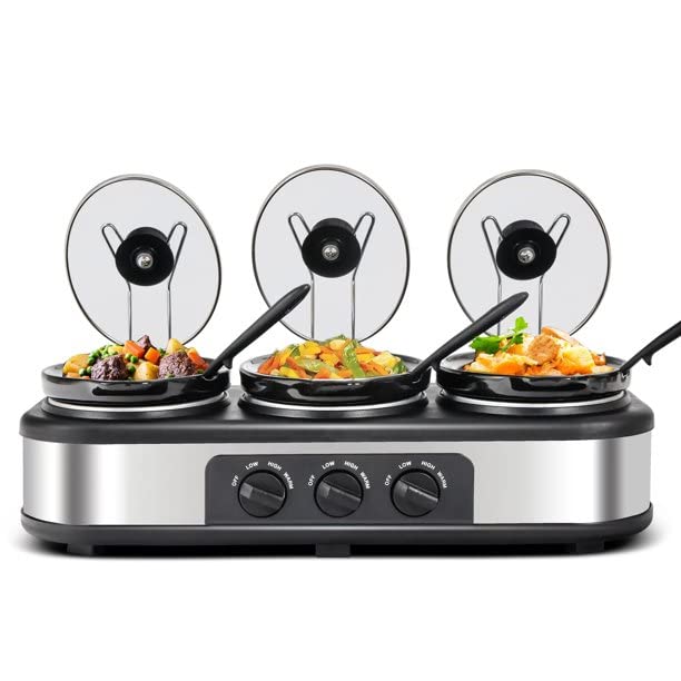 3x1 5 Quart Triple Electric Slow Cooker 3 Heat Settings Food Warmer with Non-Slip Feet Food Warmer Adjustable