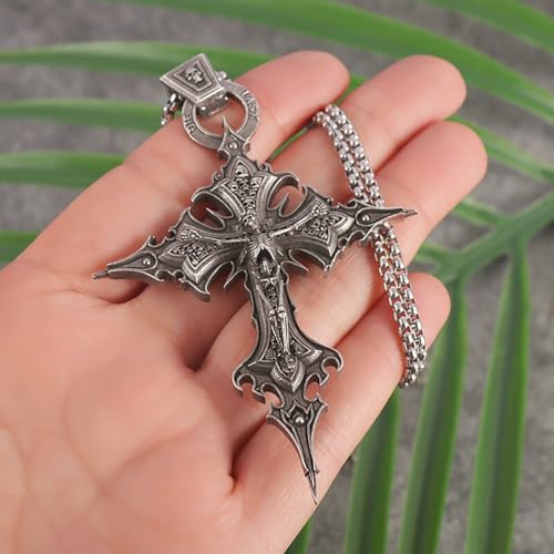 PINK TOWN Gothic Cross Necklace for Women Men Vintage Captivity Skull Cross Pendent Necklace Goth Necklac Halloween Party Jewelry2