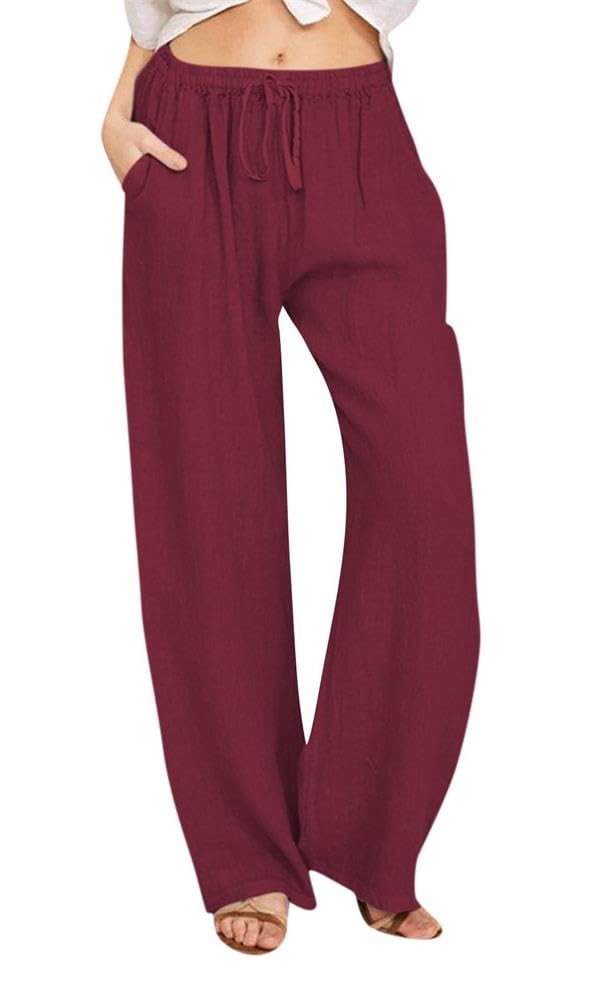 peassa Womens Linen Pants Casual Wide Leg Pants Loose Drawstring High Waist Palazzo Trouser with Pocket