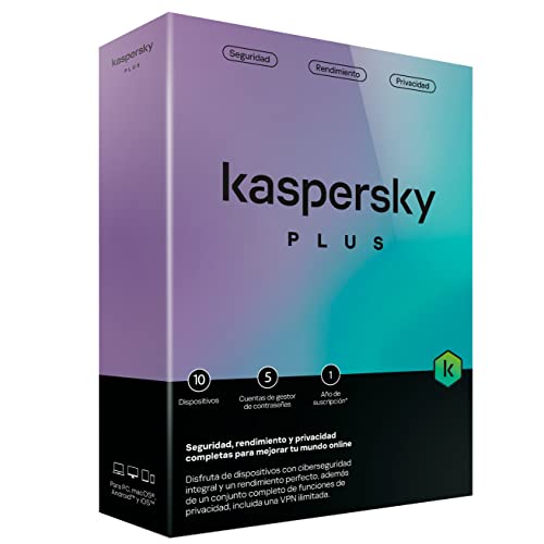 Kaspersky Plus 2023 | 10 dispositivo | 1 año | Caja Mini No CDAnti Phishing y Firewall| VPN ilimitada | Gestor de contraseñas | Protección Bancaria en línea | PC/Mac/Móvil