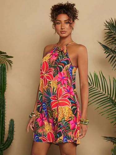Image of KATECLO Women's Summer Halter Neck Printed Mini Dress - Casual Loose Fit Sleeveless Boho Beach Dress, Lightweight Vacation Sundress for Women
