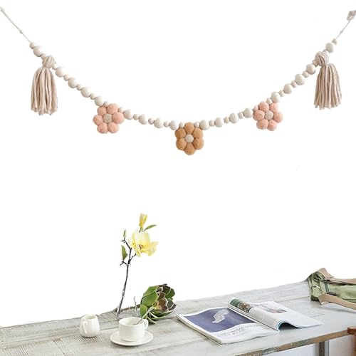 TTFdacai 1 Pcs Boho Tassel Garland with Wooden Beads, Daisy Wooden Tassel Garland Decor for Farmhouse Wall Classroom Daisy Birthday Party Banner Baby Shower Decoration