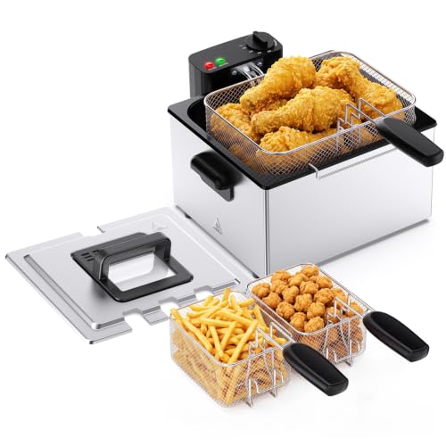 Image of NEWBULIG Deep Fryer with Basket, 5 Liter Electric Deep Fryer with 1800W Power, Adjustable Temperature, Lid with Viewing Window for Fried Chicken, Shrimp, French Fries, Silver