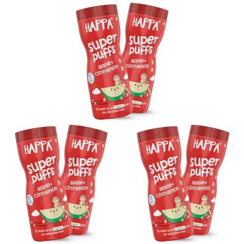 Image of Happa Organic Baby Puffs | Apple Cinnamon Flavour | Made with Organic Ingredients | Melt-in-the-Mouth, Supports Self-Feeding & Baby-Led Weaning | No Artificial Flavours or Colours | Stage 2 (8 Months+) | Pack of 6 (40g Each)