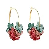 MALOYANVE Floral Fabric Hoop Earrings for Women Girls Tiered Flower Statement Tassel Earrings Lightw