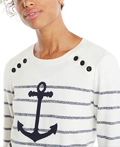 Nautica Women's Voyage Long Sleeve 100% Cotton Striped Crewneck Sweater, Marshmallow, Large #TOP3