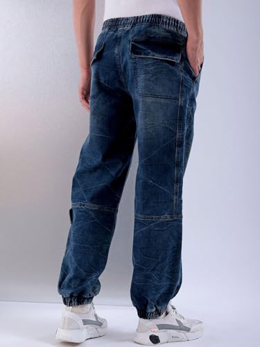 Image of The Indian Garage Co Men Loose Fit Solid Mid-Rise Stretchable Denim Joggers