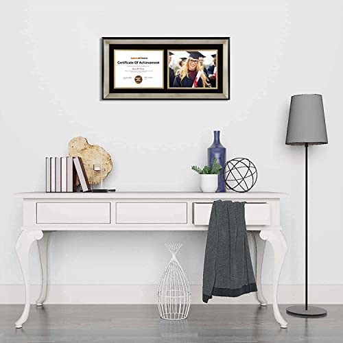 Space Art Deco, 12X26 Black Picture Frame With Silver Beveled Edge - Black/Gold Double Mat For 8.5X11 Photo/Diploma Display - Sawtooth Hanger - Wall Mount - Shatter-Resistant Glass, Horizontal #TOP6