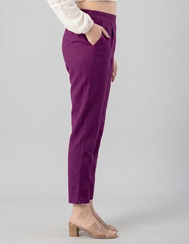 Image of Solid Cotton Woman Trousers Pants Regular Fit Kurti Pant with Drawstring Daily Office Formal Casual Use