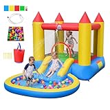 COSTWAY 3 en 1 Château Gonflable avec Toboggan et Maison de Saut, Aire de Jeux Gonflable avec Piscine à Balles et 50 Balles Océaniques, Intérieur Extérieur pour 3 12 Ans, sans Souffleur