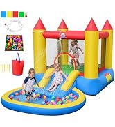 COSTWAY Piscine Gonflable Enfants sur Thème Marin avec Toboggan et Arroseur Hippocampe, Aire de Jeu Pataugeoire avec Jouets Pieuvre et Etoile de Mer pour Jardin Balcon Plage, 2-6 Ans, 178x157x67,5cm