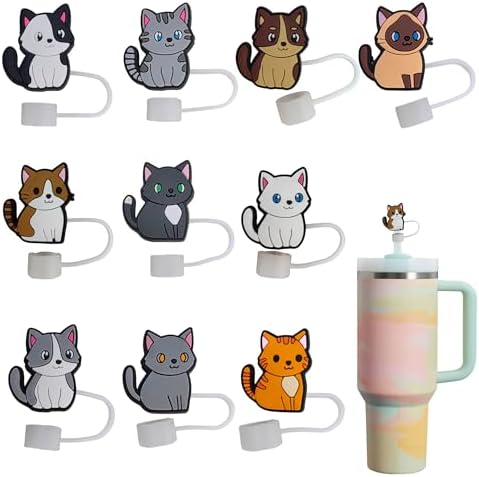 10PCS Cat Straw Topper 10mm, Straw Covers Straw Toppers for Stanley Cup Tumbler Accessories - Fun and Functional for Pet Lovers (Cat)