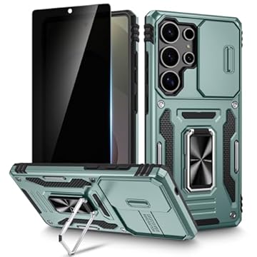 Maxdara Capa para Samsung Ultra Ring com suporte e capa de câmera deslizante e protetor de tela de privacidade à prova de choque capa protetora resistente para Samsung Galaxy Ultra (centímetros),