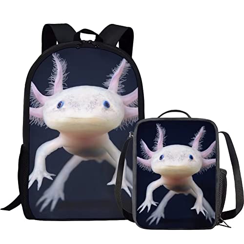 AmzPrint 2 In 1 Pink Axolotl Backpack And Lunch Box For Elementary Middle School Backpack For Girls Boys Kids Teens