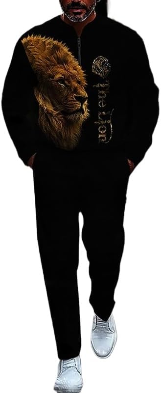 Men's printed polo shirt long pants set, color blocked half zipper sports shirt jogging pants two-piece set