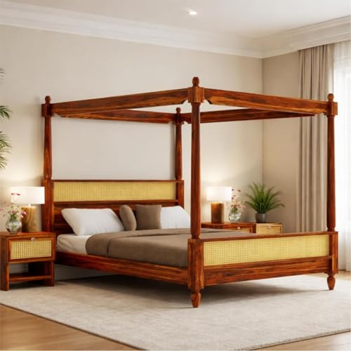 Image of Sheesham Wood Poster Bed Queen Size | Solid Wood Poster Bed Cot Wooden Double Bed Furniture for Bedroom Home and Hotel | Wooden Palang Divan (Natural Finish)