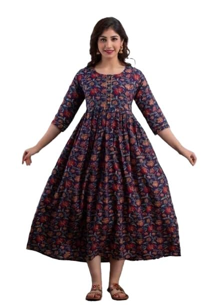 Cotton Floral Print Maternity Gown Dress, Navy Blue with Red Flowers, Half Sleeves-image-14