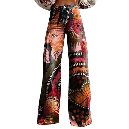 Vaqueros de mujer Baggy de cintura alta con estampado floral pantalones anchos elásticos pierna ancha de denim curvy casual coloridos vintage Y2K chica adolescente Streetwear Hip Hop pantalón lápiz