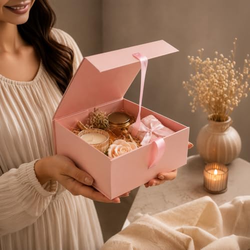 Image of Kura by Ekhasa Foldable Large Multipurpose Gift Hamper Box (21.5 x 21 x 9.5 cm) with Magnetic Closure & Ribbon | Pink Rigid Cardboard Empty Reusable Packing Box | Birthday, Wedding & Festive Gifting