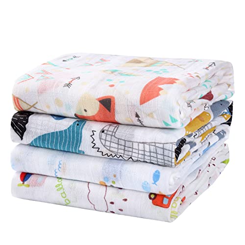 Teddy Run Muslin Swaddle Blankets, 4 Pack Baby Swaddle Blankets for Baby Girls and Boys, 47.2 x 43.3 inches Large & Soft Newborn Receiving Blanket (Blue)