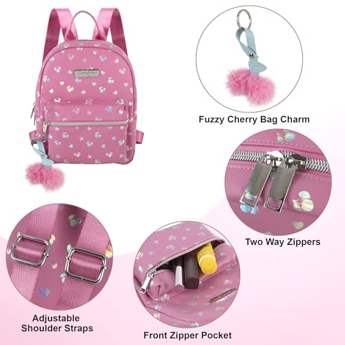 Image of Jessica Simpson Women's Mini Backpack, 10 Inch Vinyl Handbag Purse with Plush Keychain for Travel, Commute, Party, Festival (Pink Metallic Hearts & Cherries)
