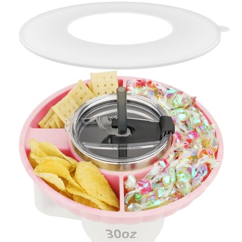 Musiwanna Bandeja de aperitivos con tapa para taza Stanley de 887 ml, solo para 887 ml, cuenco de aperitivos compatible con vaso de 30 onzas, soporte de silicona para aperitivos con 3 compartimentos