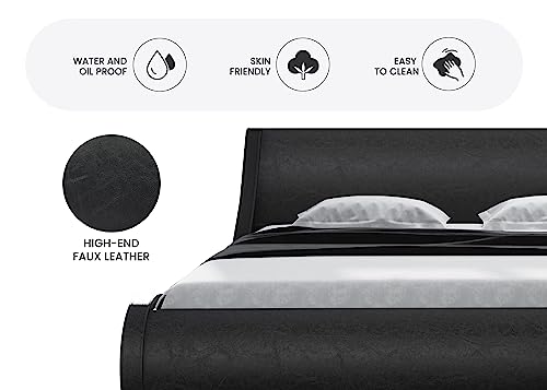 Sha Cerlin Modern Low Profile Platform Bed Frame King Size, Stylish Faux Leather Upholstered Sleigh Bed With Ergonomics Headboard, No Box Spring Needed, Glossy Black #TOP4