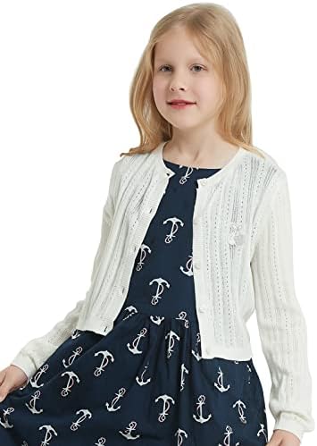 Bobo Bloom Girls Knitted Sweater Cardigan Long Sleeve Cardigan Suitable for Teen Girls White-5-6 Years