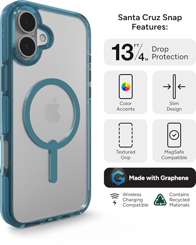 Image of ZAGG Santa Cruz Snap iPhone 16 Plus Case - MagSafe Compatible, 13ft Military-Grade Drop Protection, Graphene Reinforced, Anti-Scratch, Slim, 70% Recycled Content, Clear with Retro Blue Accents