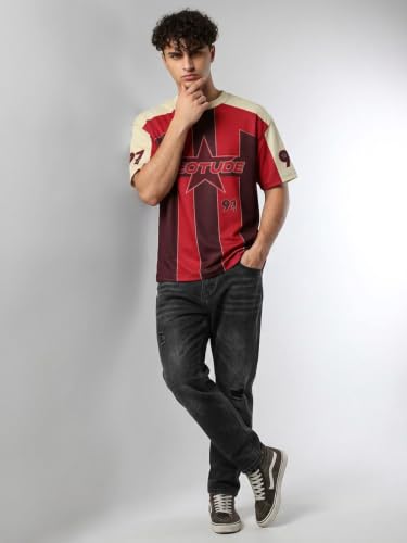 LEOTUDE Men Oversized Maroon Red Striped Sports Jersey T-Shirt - Image 5