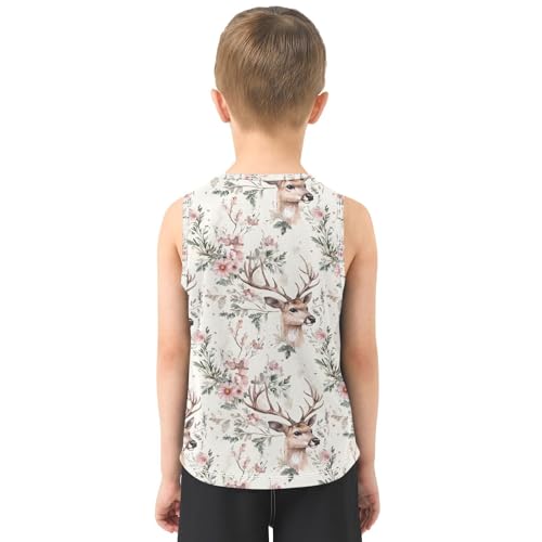Boys Tank Top Shirts Lovely Deer Watercolor Flower Sleeveless T-Shirts Crew Neck for Kids Clothing Children3