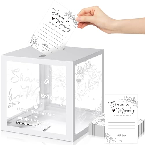 Pajean 50 Pcs Greenery Share a Memory Card for Celebration of Life Memory Cards Box with Transparent Windows Memory Box for Funeral Wedding Birthday Graduation Bridal Shower Guest Card Ideas (White)