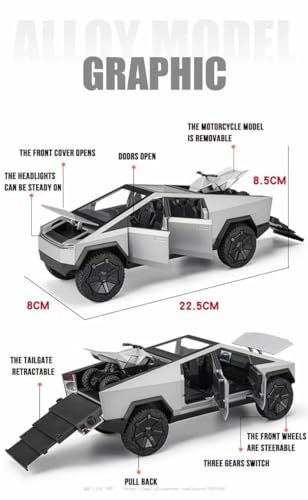 Image of Exclusive Alloy Metal Pull Back Die-Cast Car Diecast Metal Pullback Toy Car with Openable 6 Doors,Light Music Boys Gifts Toys (1:24 Tesla Cybertruck-Silver Color)