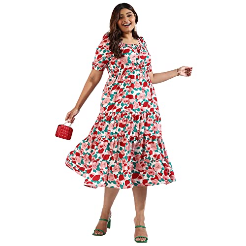 Image of Instafab Plus Women's Multicolour Printed Midi Length Short Sleeve Regular Fit Wrap Dress for Casual Wear | Modern Clothing Dress Crafted with Comfort Fit for Everyday Wear, 3XL
